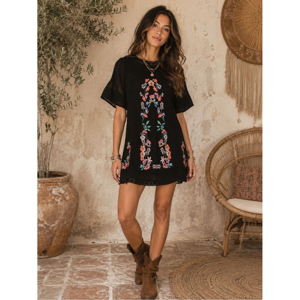 Free People Perfecly Victorian Floral Embroidered Cotton Mini Dress Size Small